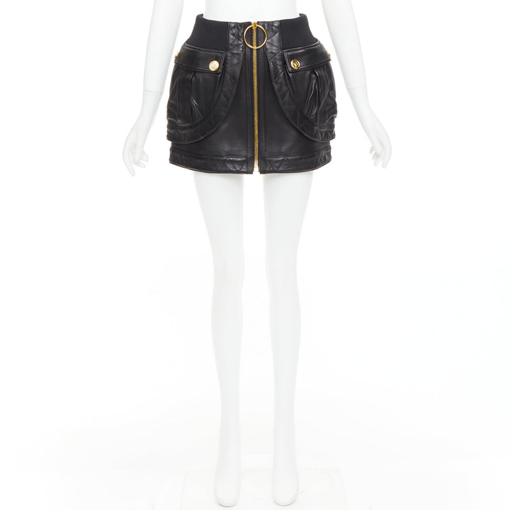 rare BALMAIN black lambskin leather gold B logo button bomber mini skirt FR34 XS