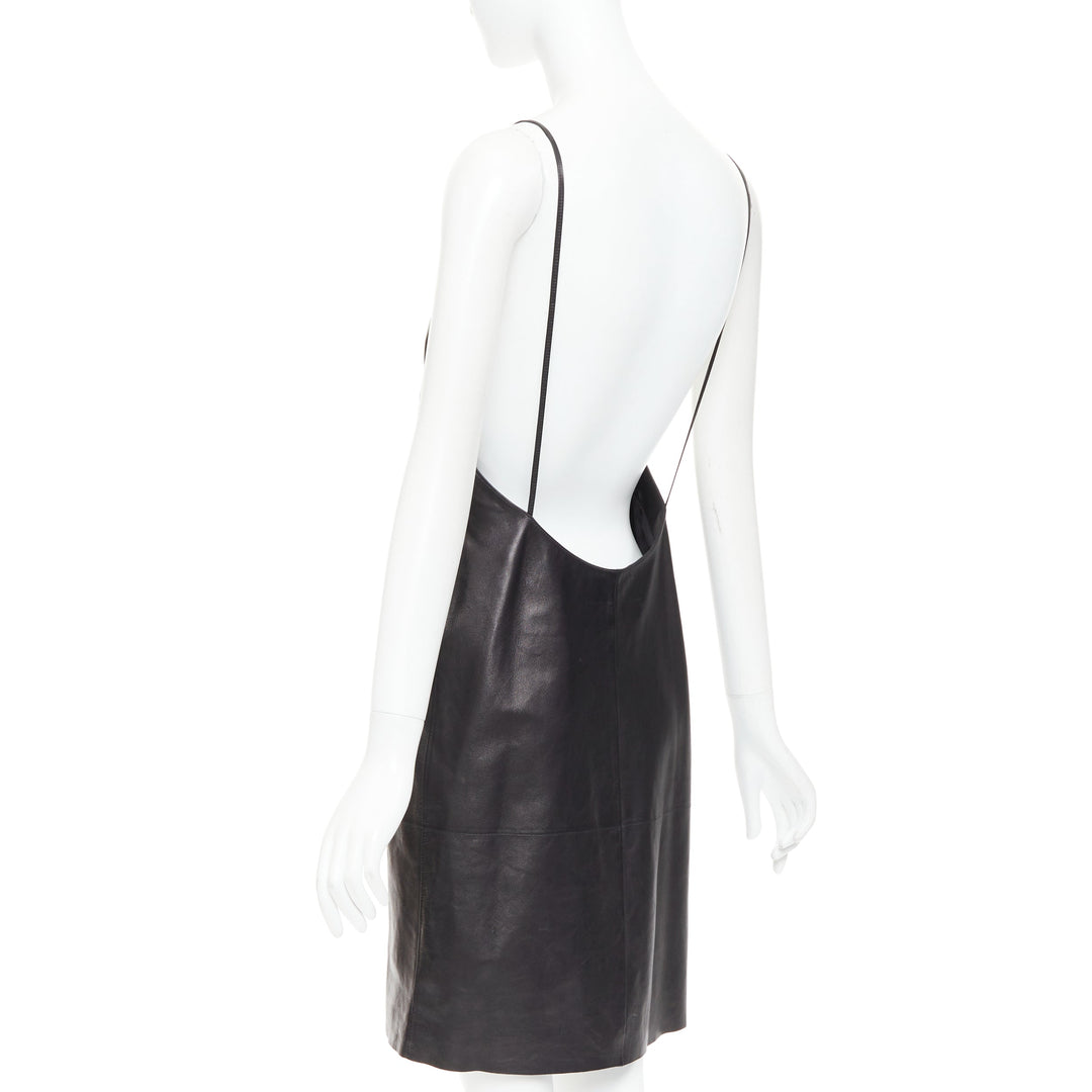 SAINT LAURENT 2024 black lambskin plunge low cut open back slip dress FR38 M