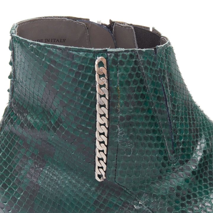 LANVIN 2012 Vintage green scaled leather silver chain ankle boots UK9 EU43