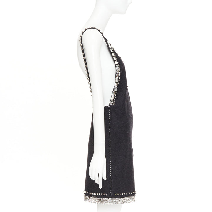 rare MIU MIU 2021 Runway charcoal wool crystal stud chainmail slip dress IT38 XS