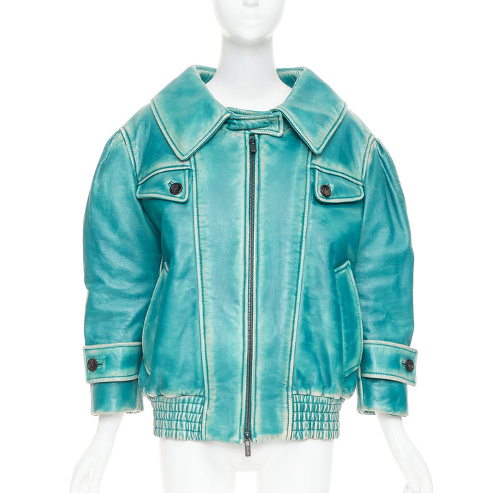 rare MIU MIU 2018 Runway green wash distress lambskin oversized jacket IT36 XXS