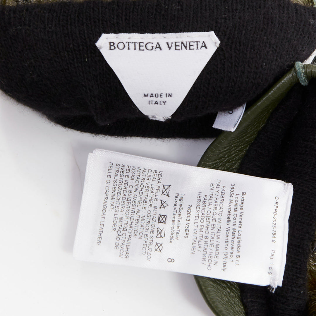 BOTTEGA VENETA dark green ostrich-effect buf goatskin cashmere lined gloves Sz.8