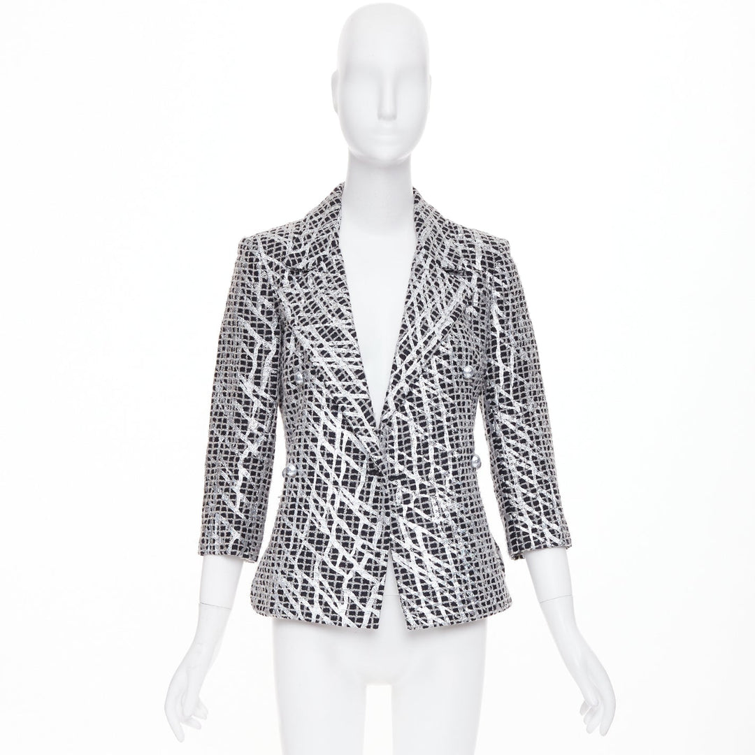 CHANEL 2012 Runway Silver Metallic Graffiti black check tweed jacket FR36 XS