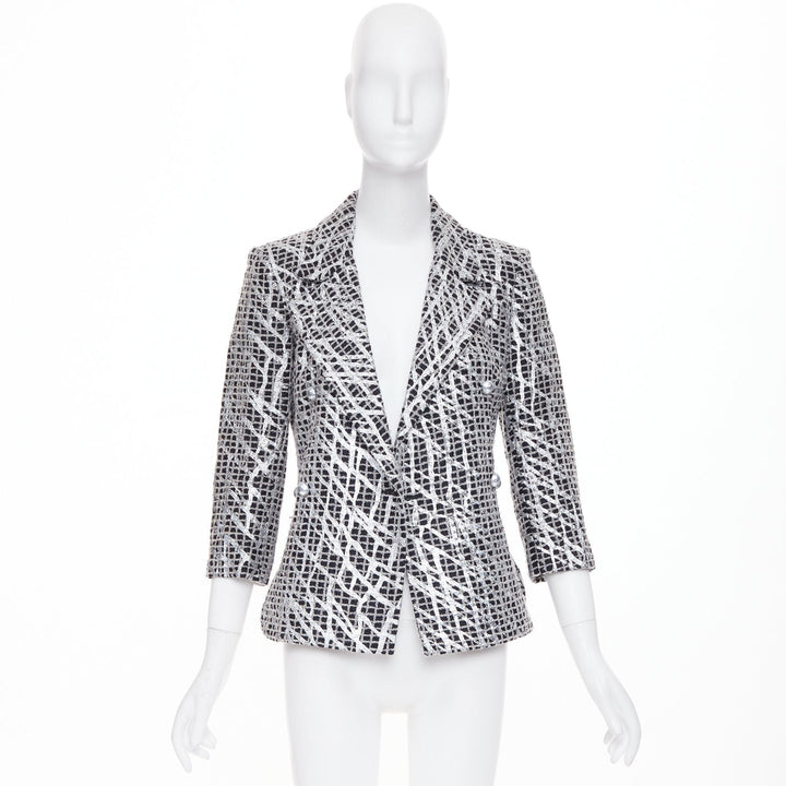 CHANEL 2012 Runway Silver Metallic Graffiti black check tweed jacket FR36 XS