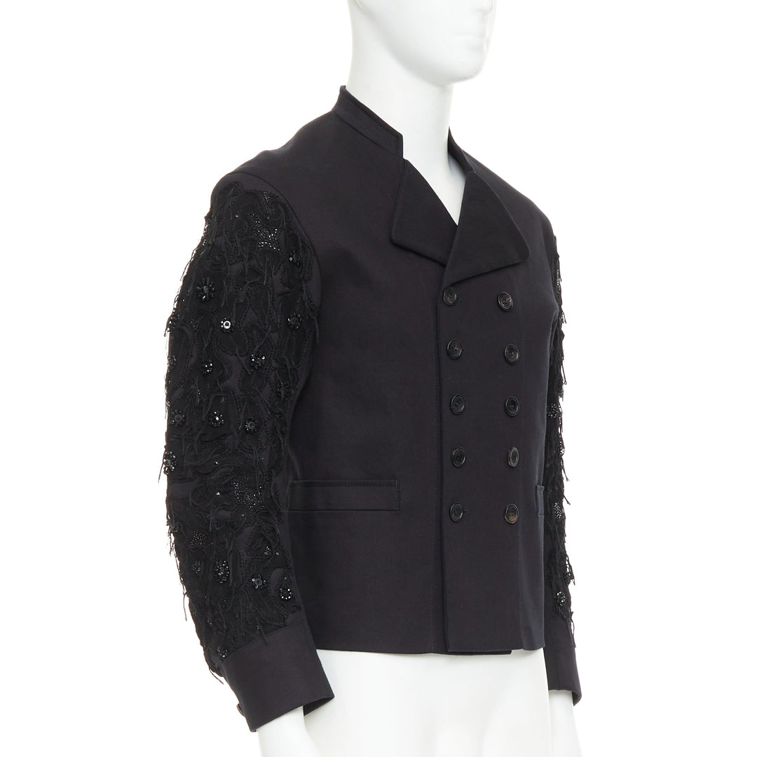 JOHN GALLIANO black fringe embellished sleeve double breasted jacket FR46 S