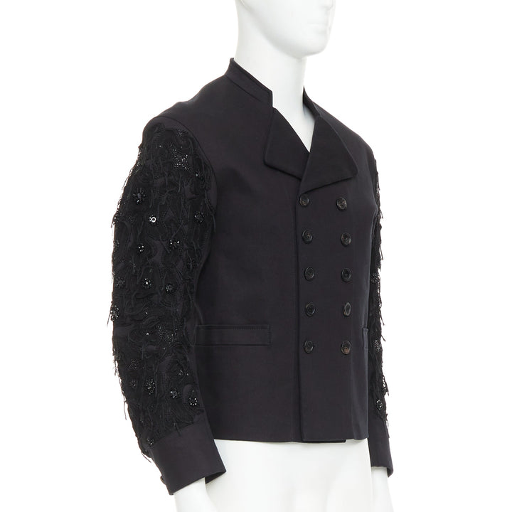 JOHN GALLIANO black fringe embellished sleeve double breasted jacket FR46 S