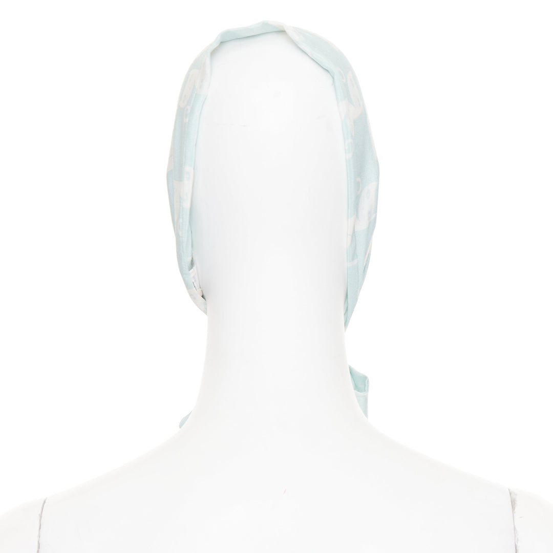 MIU MIU 2020 cartoon cat light blue white silk crepe long headband skinny scarf