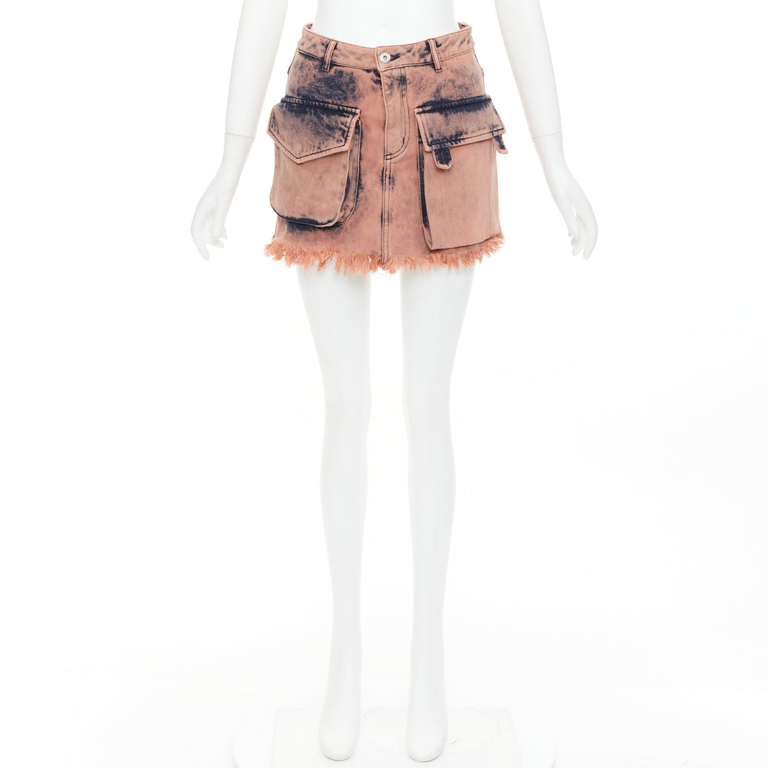 MARQUES ALMEIDA pink blue acid wash recycled cotton frayed safari skirt UK4 XXS
