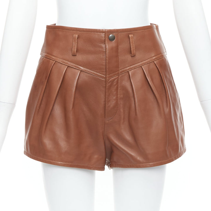 SAINT LAURENT 2020 brown lamb leather pleated riding shorts FR36 S