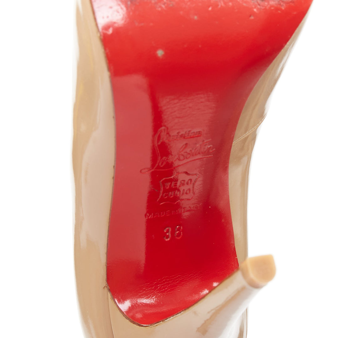 CHRISTIAN LOUBOUTIN taupe nude patent leather stiletto almond pumps EU38