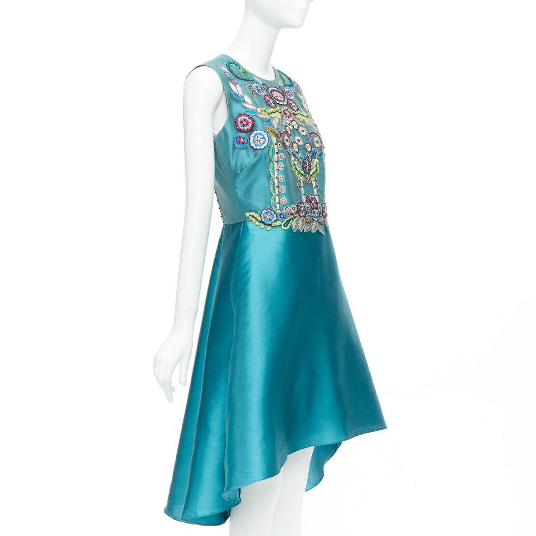 MARCHESA NOTTE Mikado Runway teal blue bead embroidery high low dress US6 M