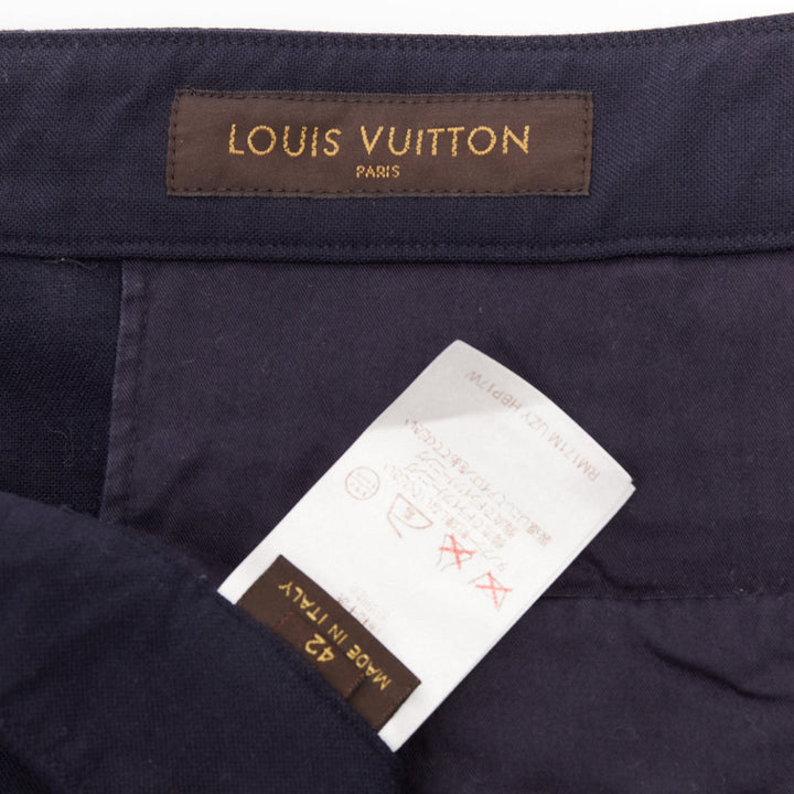 LOUIS VUITTON navy wool blend LV logo knee darts panelled crop pants FR42 M