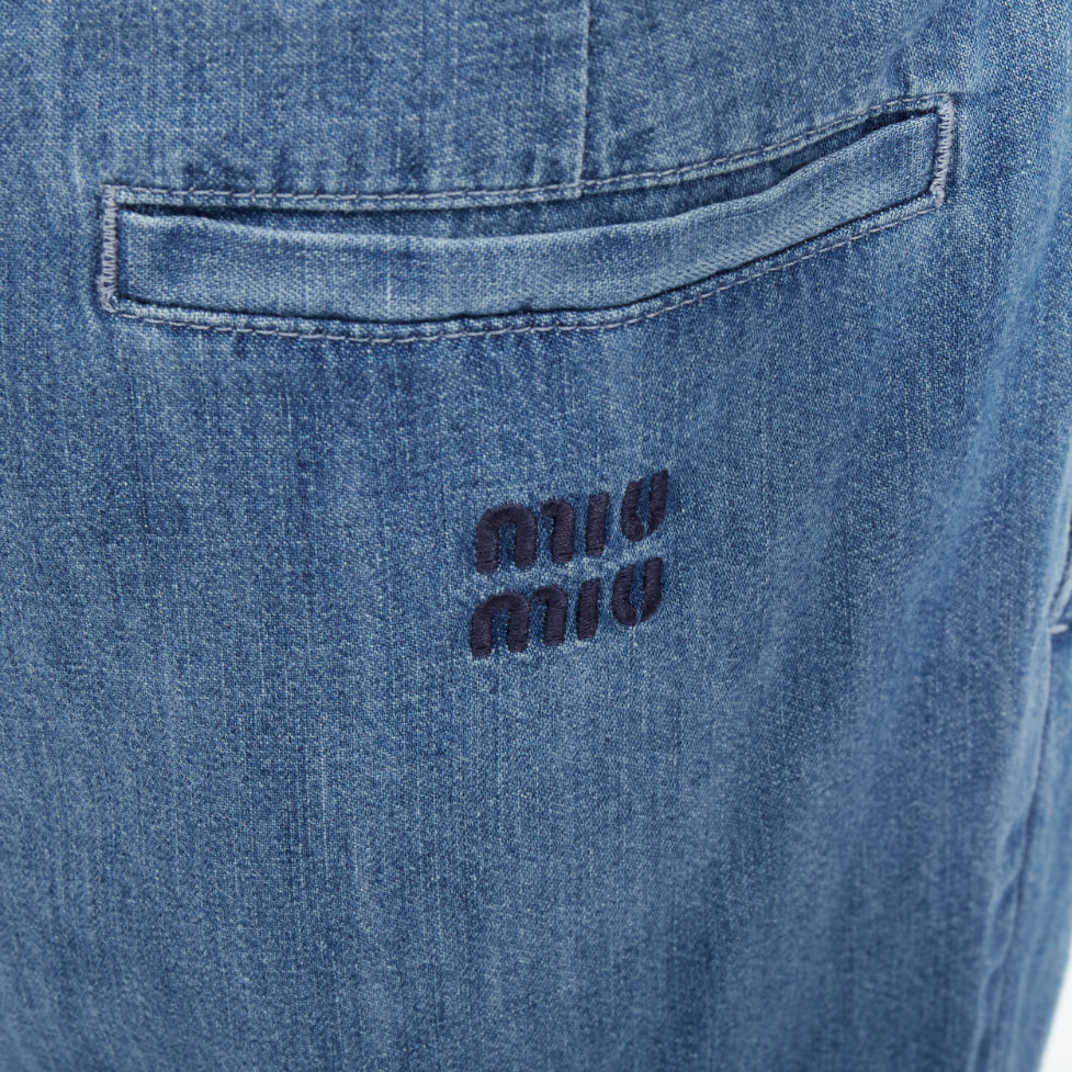MIU MIU 2023 light blue washed cotton chambray pleated straight jeans IT38 XS