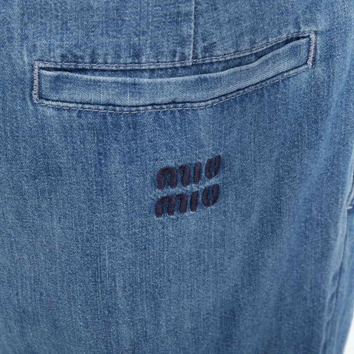 MIU MIU 2023 light blue washed cotton chambray pleated straight jeans IT38 XS
