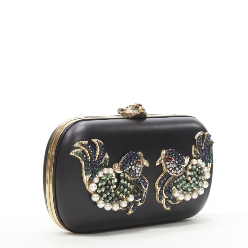 rare GUCCI Limited Edition black Double Swallow crystal pearl embellished clutch