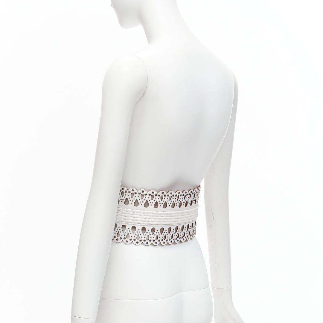 AZZEDINE ALAIA white laser cut studded leather corset waist belt 70cm
