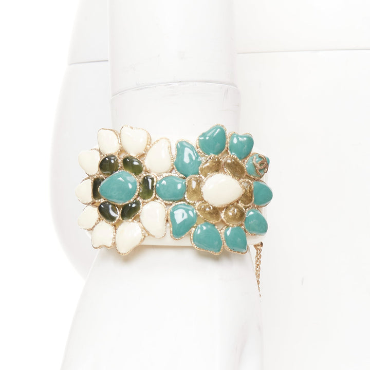 CHANEL 2014 Paris-Dubai floral gripoix cream teal black CC flowers cuff bangle