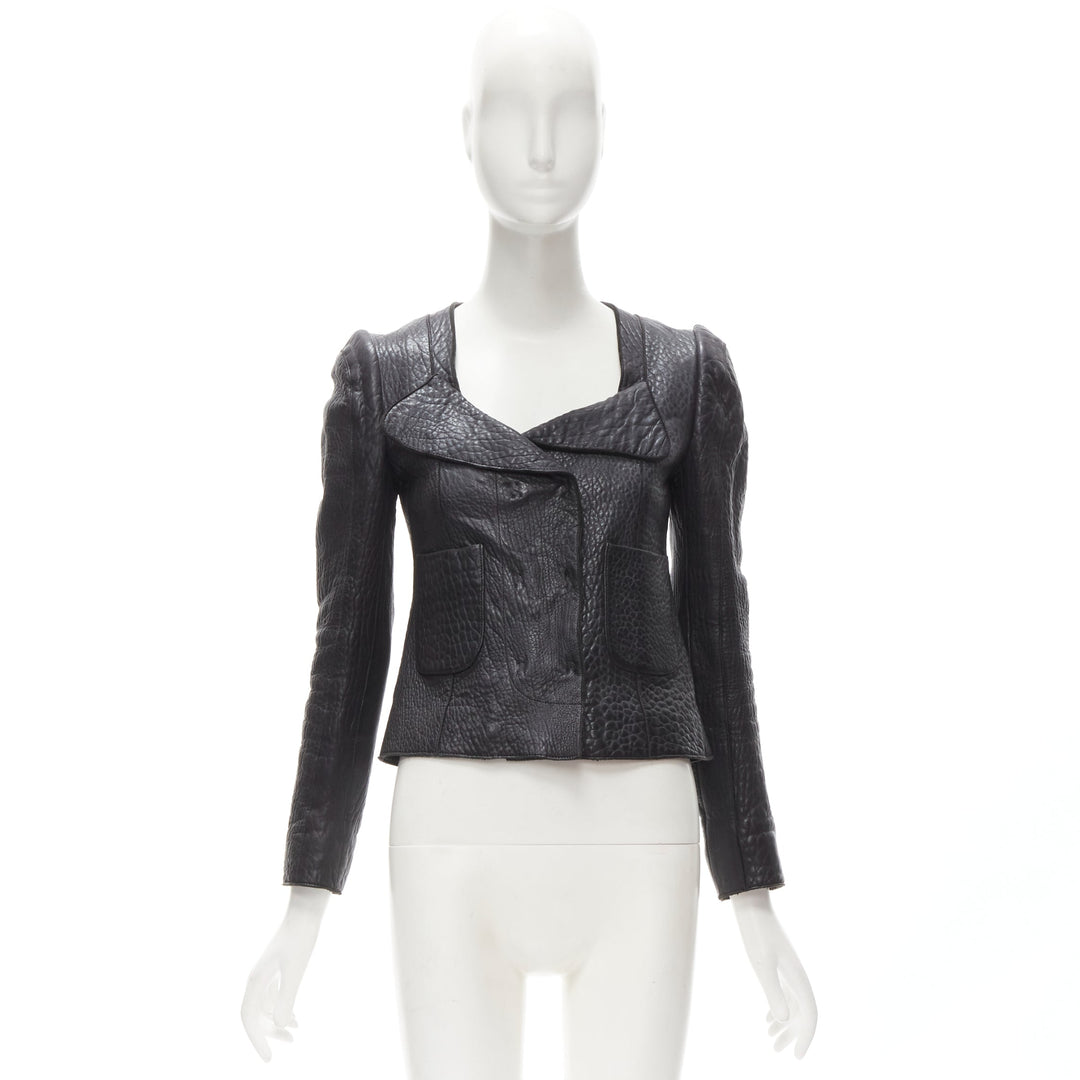 CARVEN black textured leather padded shoulder double breasted blazer IT38 XS