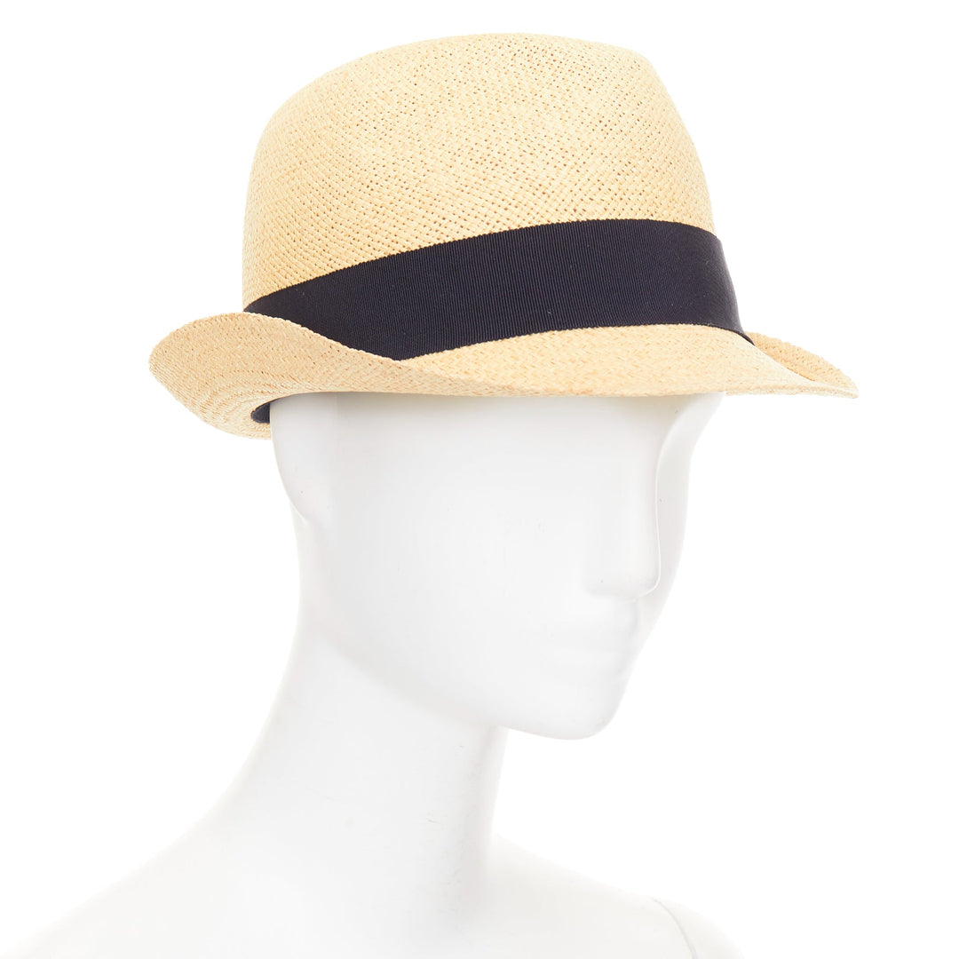CHANEL beige raffia curled brim navy ribbon CC logo trilby hat M