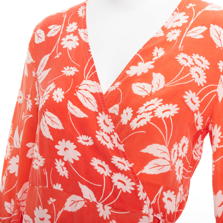 RIXO Noleen 100% silk coral red leopard floral print patchwork wrap dress S