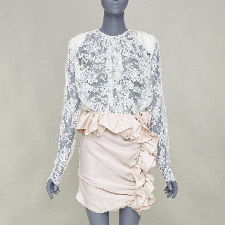 MAGDA BUTRYM Bridal Floral white lace ruffle draped satin mini dress FR34 XS