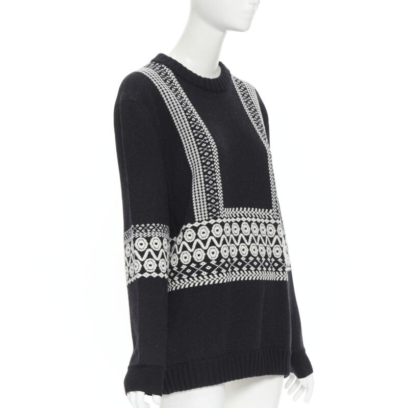 CHLOE 100% wool black white intarsia woven long sleeve sweater pullover XS