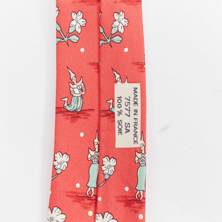 HERMES 7577 SA red green Thailand Pagoda Floral print silk tie