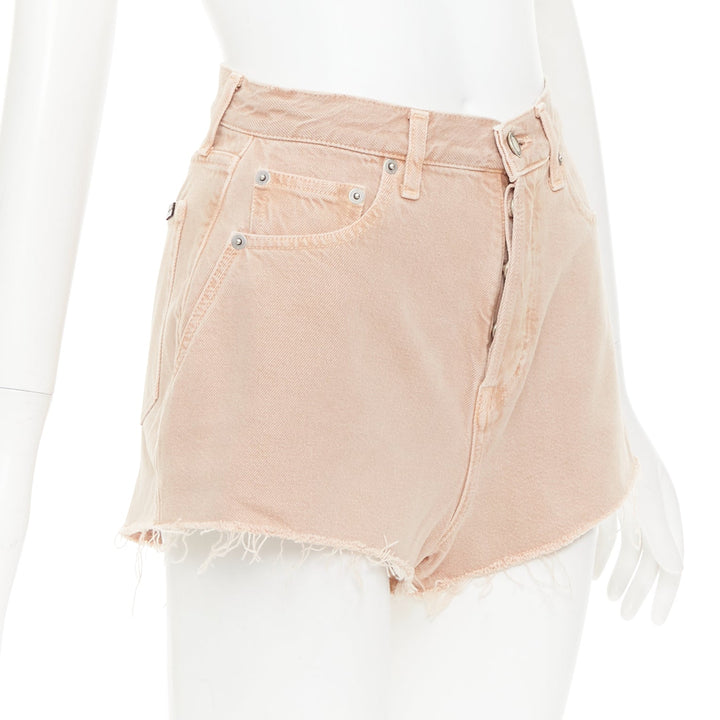 SAINT LAURENT 2020 dusty pink washed denim logo tag flared shorts 25"