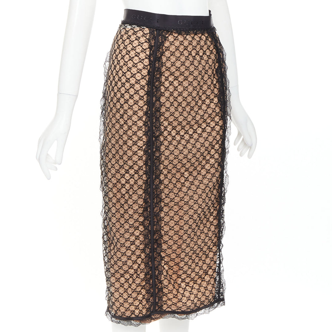 GUCCI 2022 Runway Aria black nude GG mesh lace lingerie midi skirt M