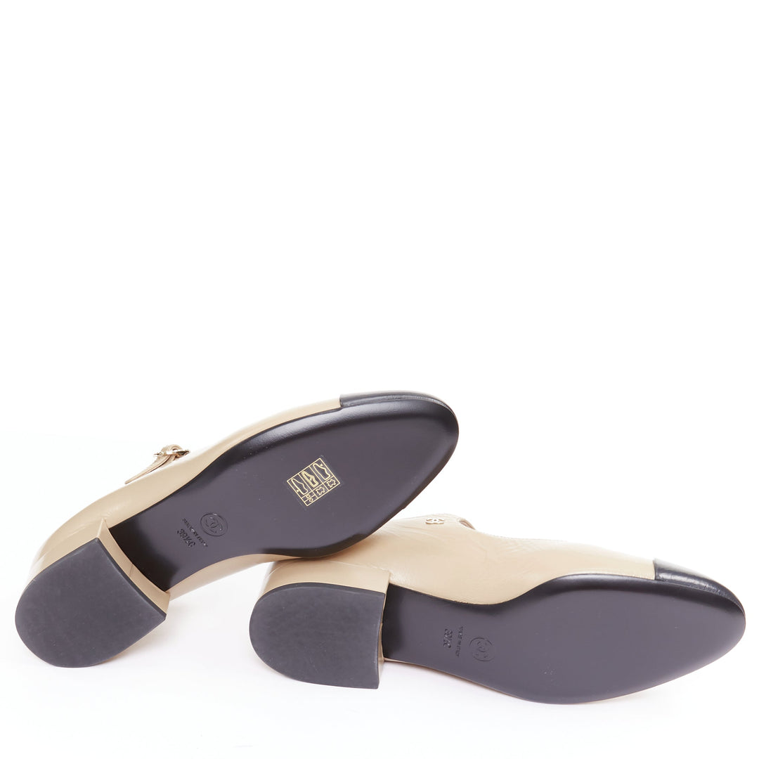 CHANEL 2024 beige leather black cap toe CC block heel mary jane flats EU39.5