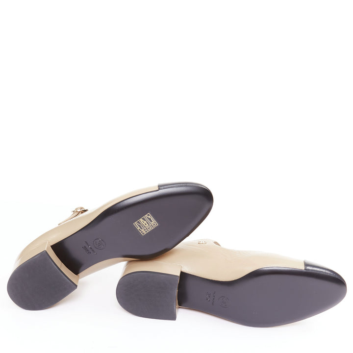 CHANEL 2024 beige leather black cap toe CC block heel mary jane flats EU39.5
