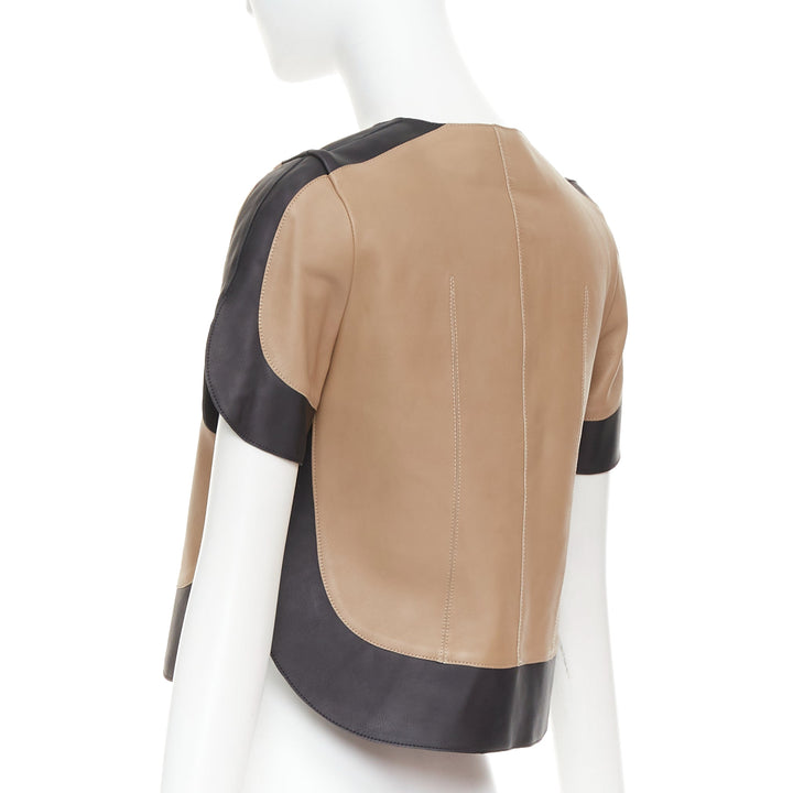 MARNI tan black calf leather curved panel petal sleeves cropped jacket IT38 XS