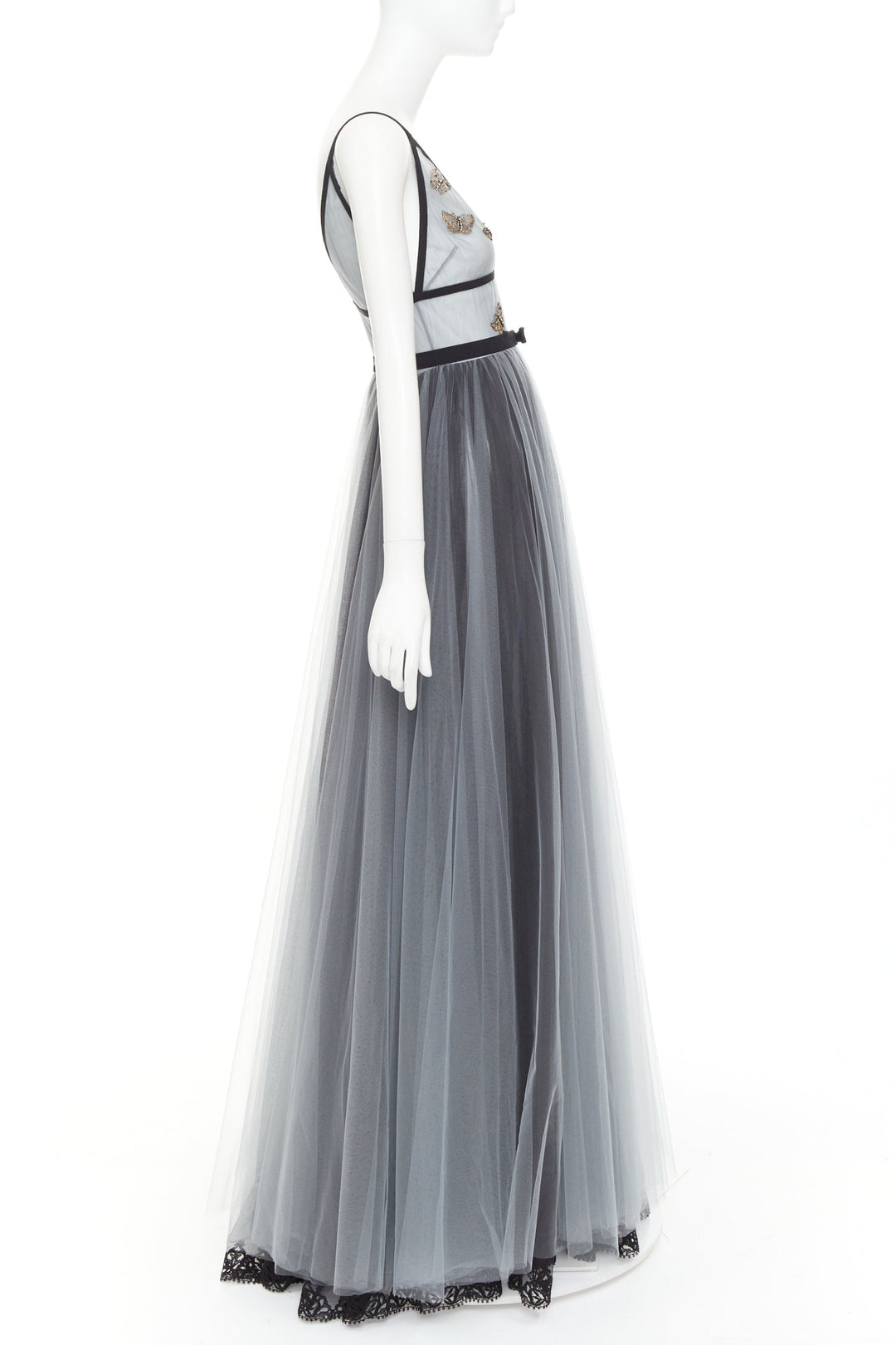 rare CHRISTIAN DIOR 2024 Runway grey butterfly bead embroidered tulle maxi gown