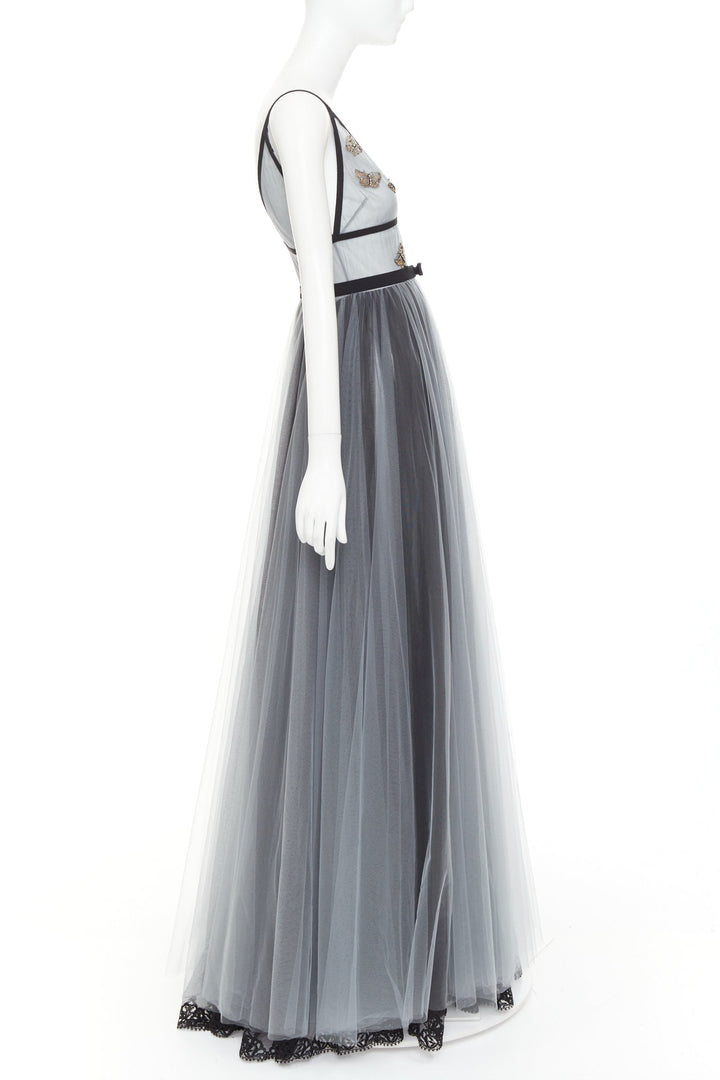 rare CHRISTIAN DIOR 2024 Runway grey butterfly bead embroidered tulle maxi gown