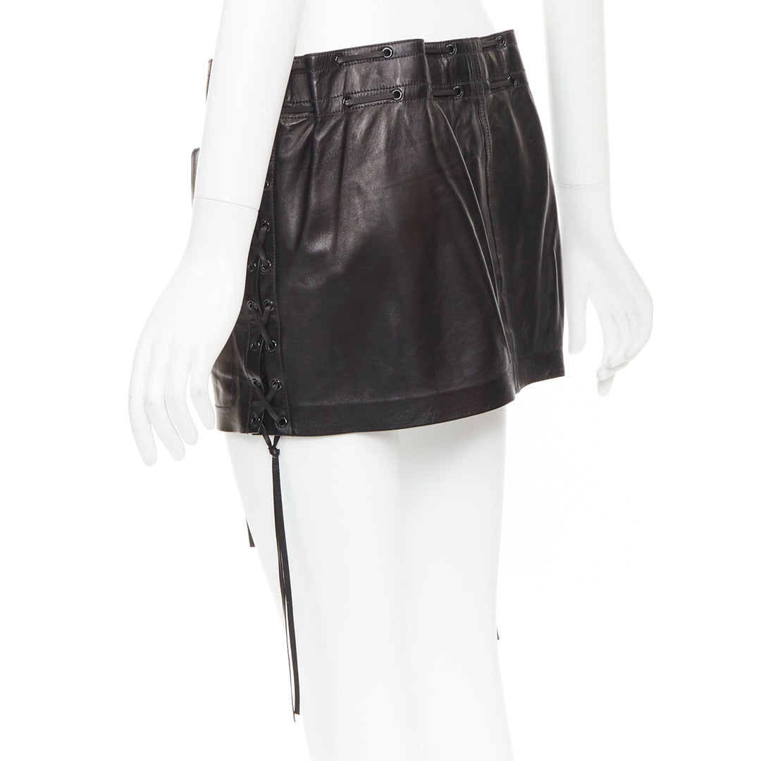 SAINT LAURENT 2018 black lambskin leather drawstring waist mini skirt FR36 S