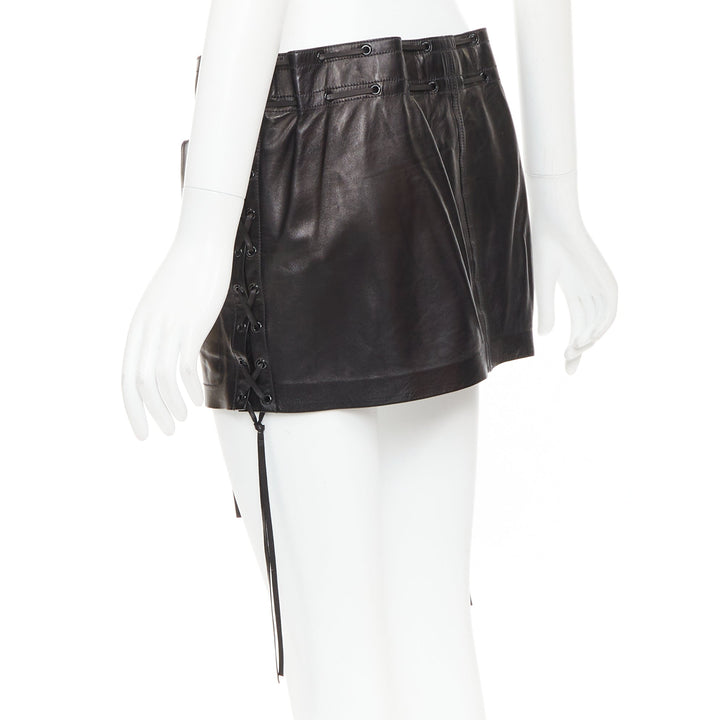SAINT LAURENT 2018 black lambskin leather drawstring waist mini skirt FR36 S