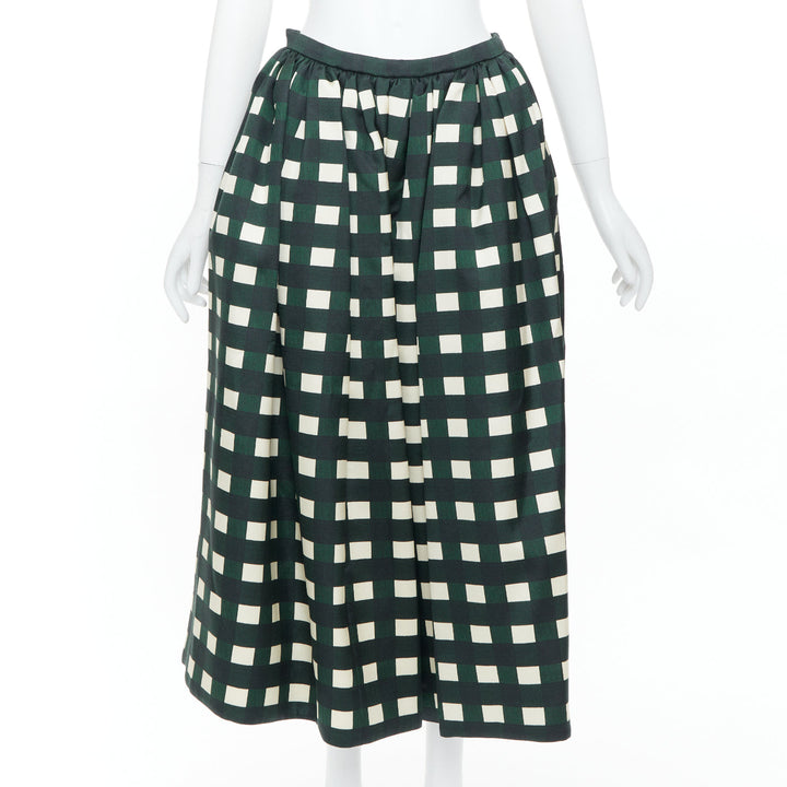 PRADA 2022 Runway green cream check print silk wool full midi skirt IT40 S