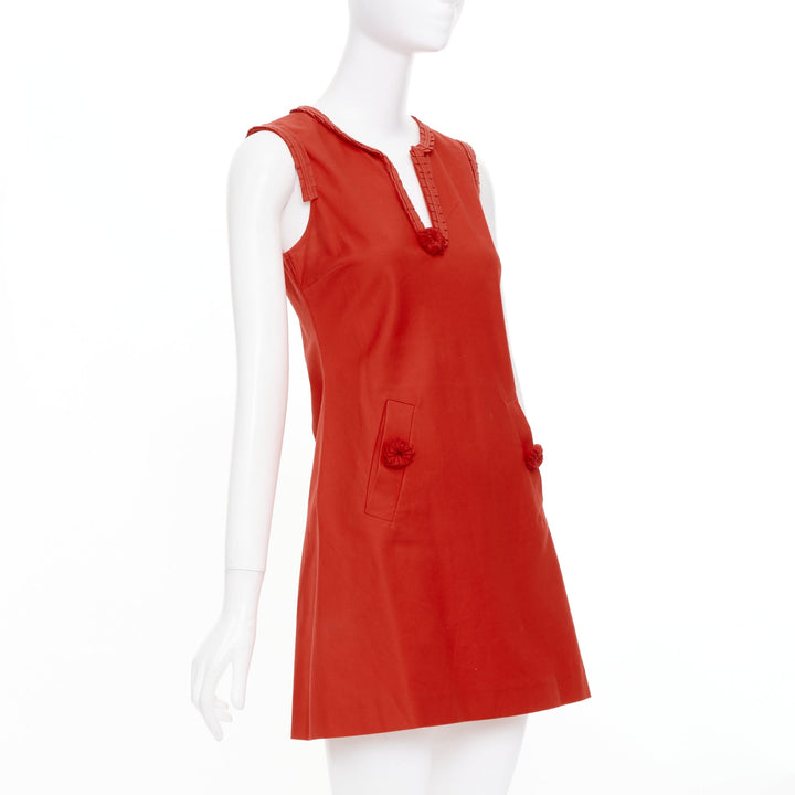FENDI Vintage red rosette pleated neckline sleeveless casual shift dress IT40