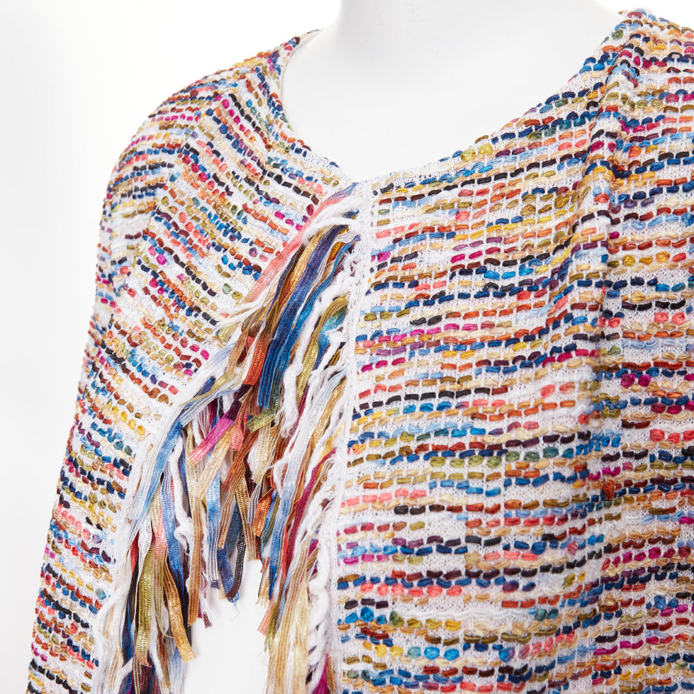 ST JOHN COUTURE multicolor rainbow ribbon trim tweed fringe knit cardigan M