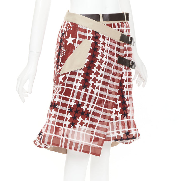 SACAI 2017 red white houndstooth star check sheer leather buckle wrap skirt JP2