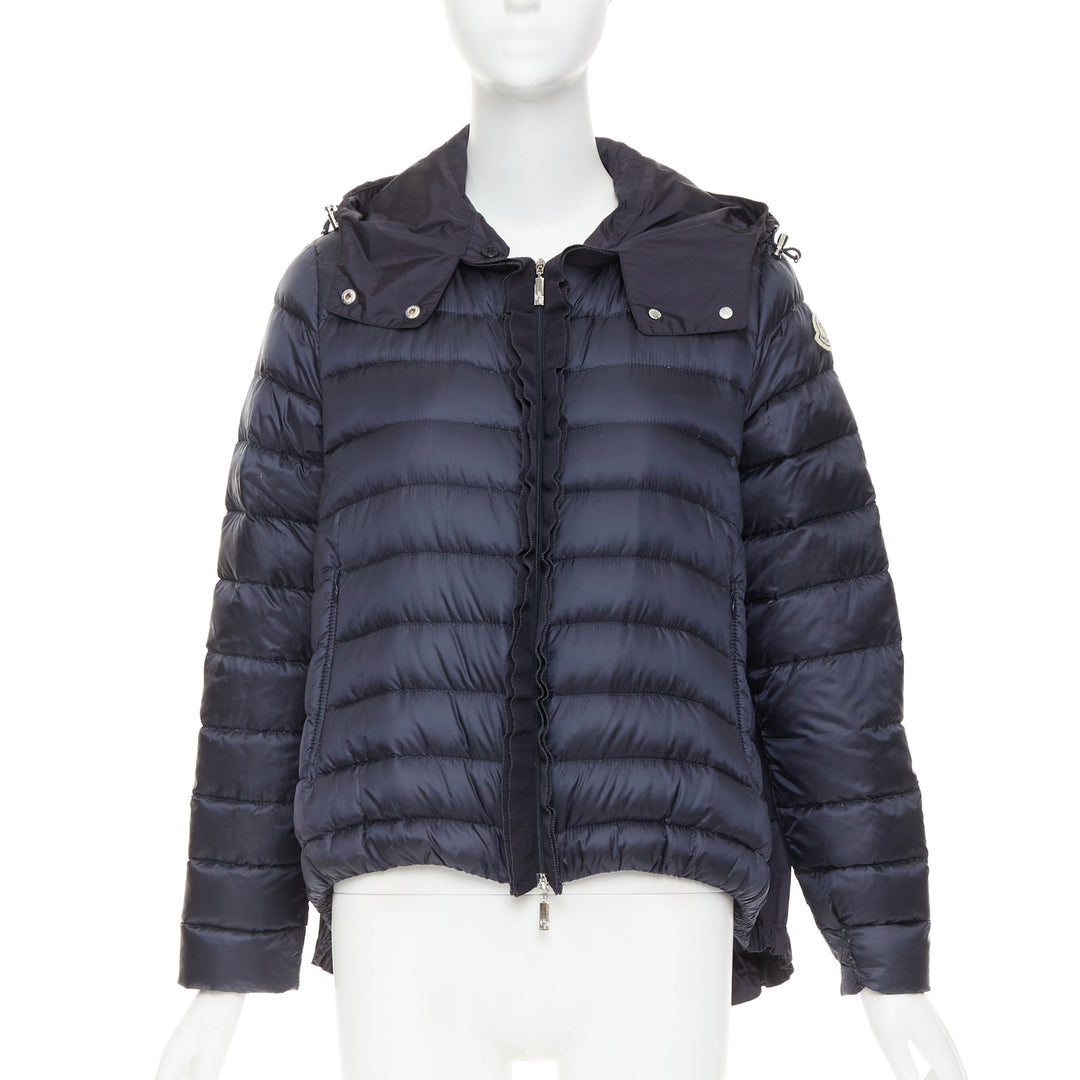 MONCLER Dorothee Guibbotto navy nylon ruffle trim hooded jacket Sz2 M