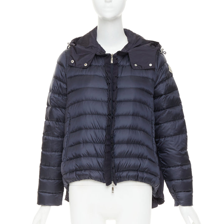 MONCLER Dorothee Guibbotto navy nylon ruffle trim hooded jacket Sz2 M