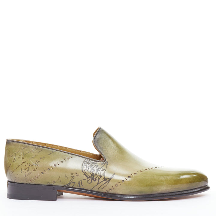 BERLUTI Cursive Galet Scritto green smooth leather script patina loafer UK8 EU42