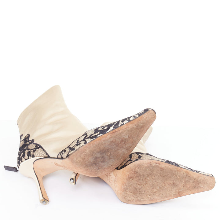 JIMMY CHOO Bridal beige satin black lace trim point toes heel ankle booties EU37
