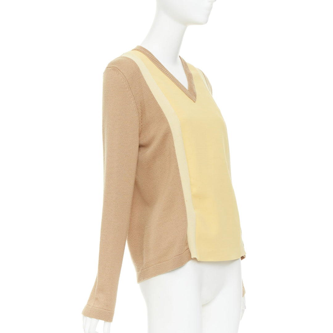MARNI yellow beige tan virgin wool blend colorblock panel V neck sweater IT42 M