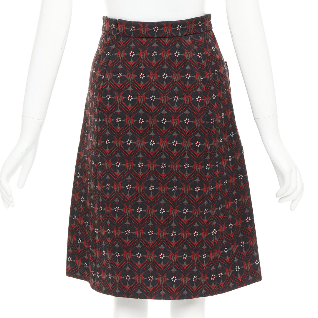 MIU MIU 2015 red khaki floral wool vintage print pocketed A-line skirt IT36 XXS