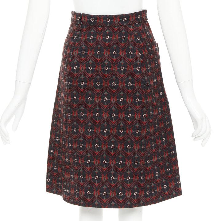 MIU MIU 2015 red khaki floral wool vintage print pocketed A-line skirt IT36 XXS