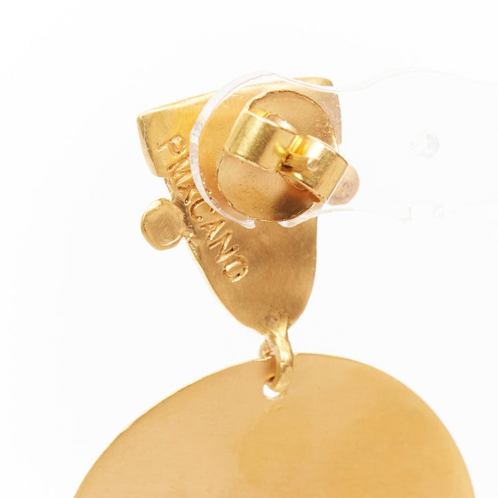 PMX CANO gold tribal face geometric metal plate pin earrings Pair