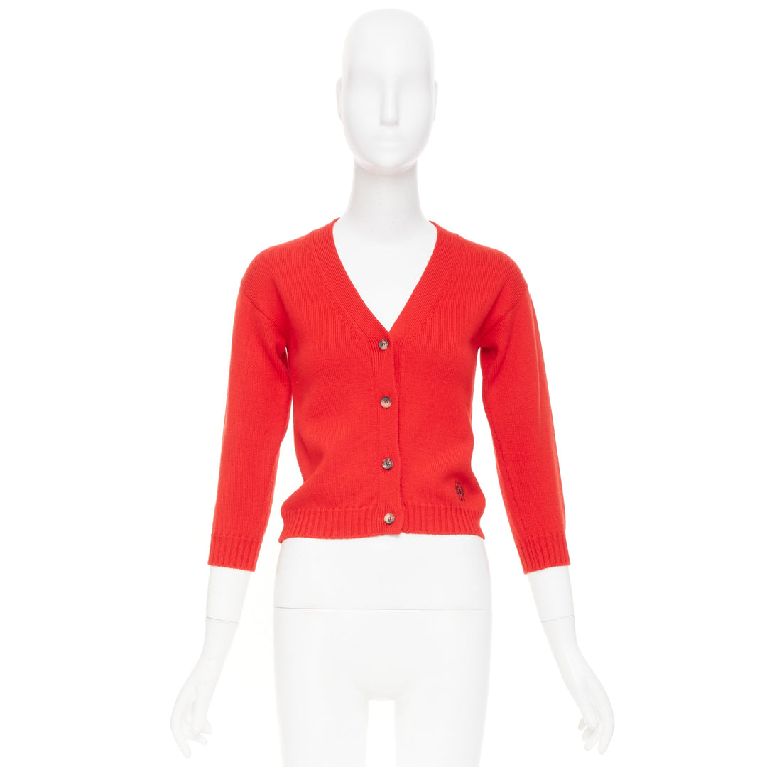 LOEWE 2022 Anagram embroidered orange red wool knit cropped cardigan top IT36 XS