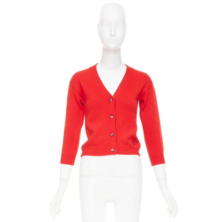 LOEWE 2022 Anagram embroidered orange red wool knit cropped cardigan top IT36 XS